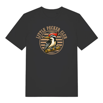 black funny offensive t-shirt with the graphic of a woodpecker sat on a branch and the slogan 'little pecker club'