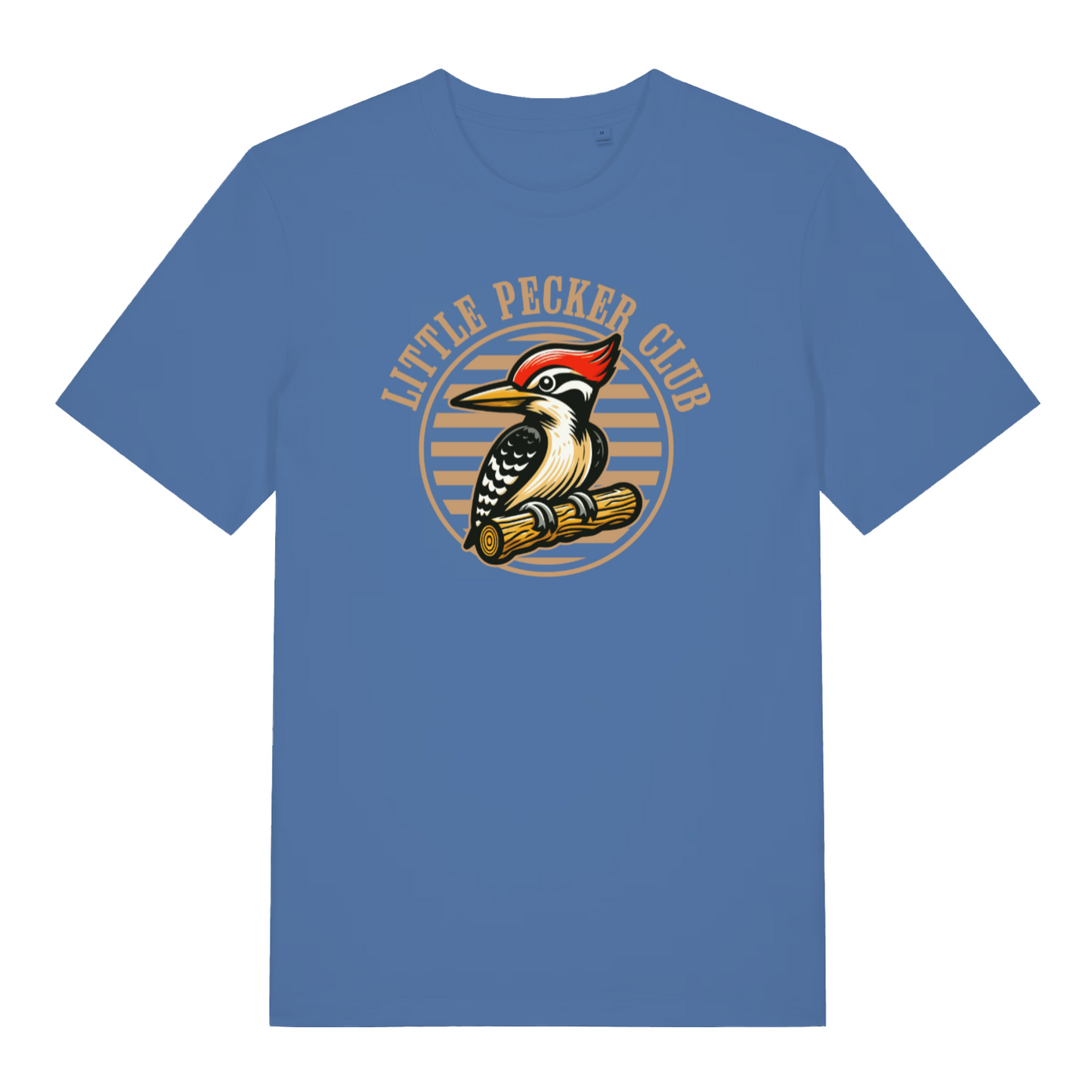 blue funny offensive t-shirt with the graphic of a woodpecker sat on a branch and the slogan 'little pecker club'