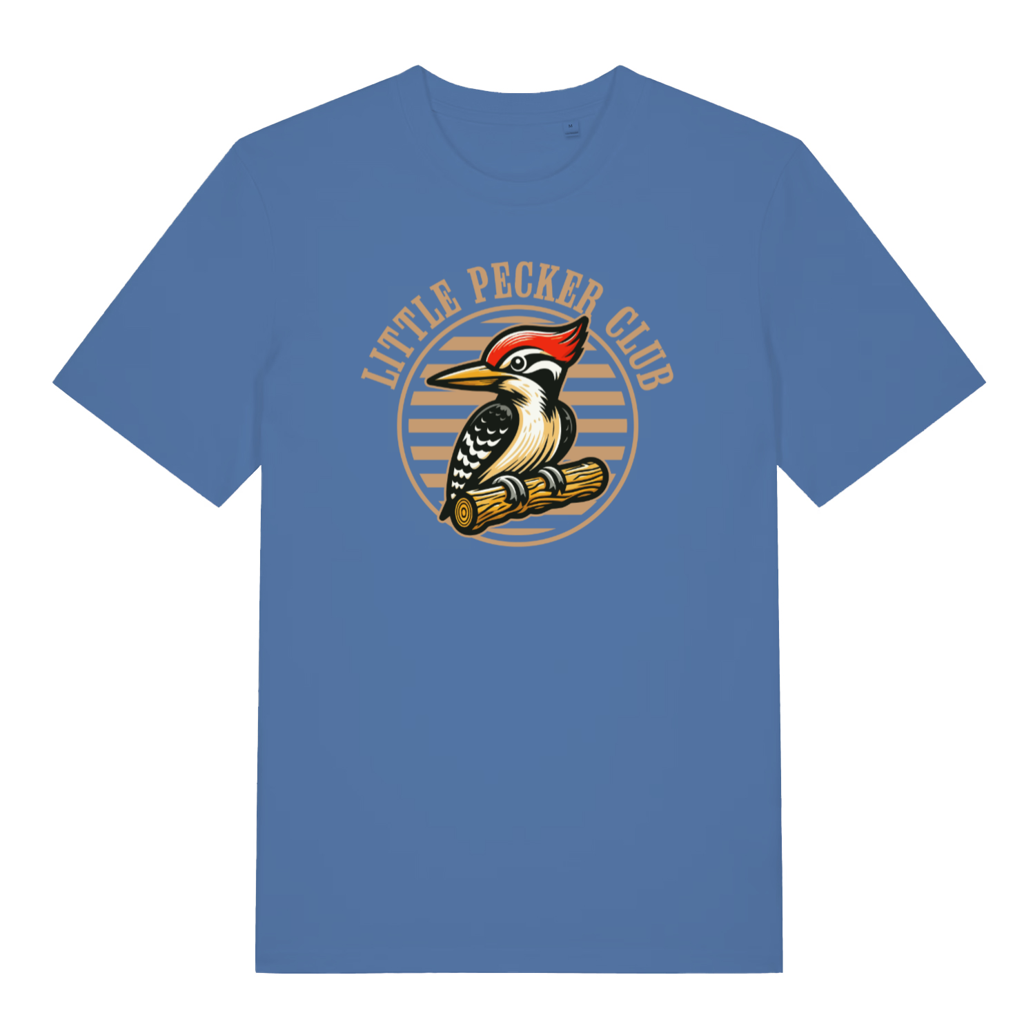 blue funny offensive t-shirt with the graphic of a woodpecker sat on a branch and the slogan 'little pecker club'