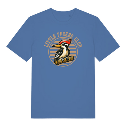 blue funny offensive t-shirt with the graphic of a woodpecker sat on a branch and the slogan 'little pecker club'