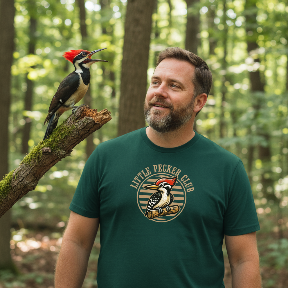 Man wearing a green 'Little Pecker Club' t-shirt with a woodpecker design, standing in a forest with a woodpecker on a branch.