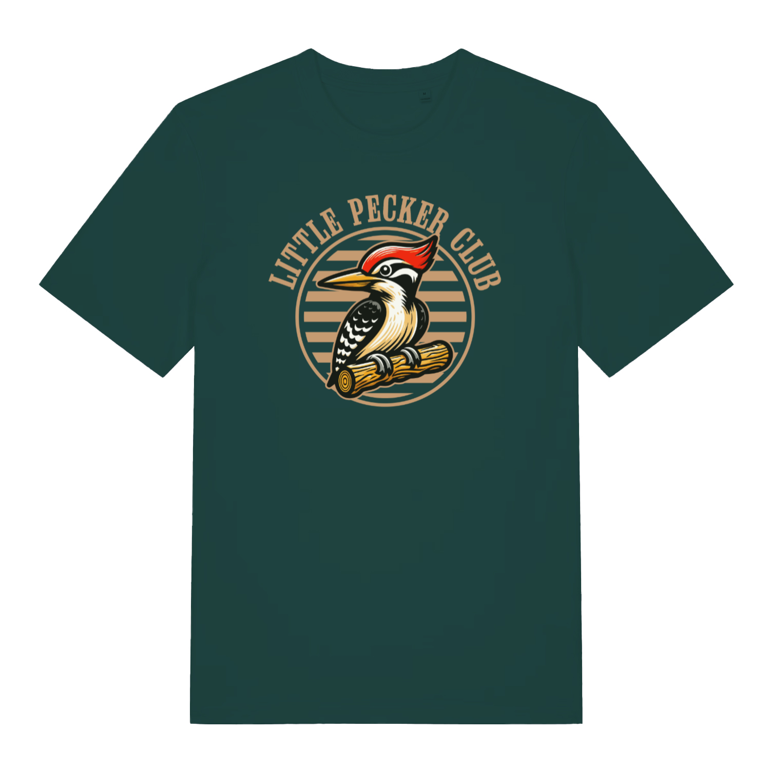 green funny offensive t-shirt with the graphic of a woodpecker sat on a branch and the slogan 'little pecker club'