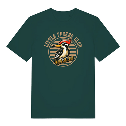 green funny offensive t-shirt with the graphic of a woodpecker sat on a branch and the slogan 'little pecker club'