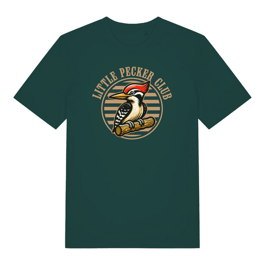 green funny offensive t-shirt with the graphic of a woodpecker sat on a branch and the slogan 'little pecker club'