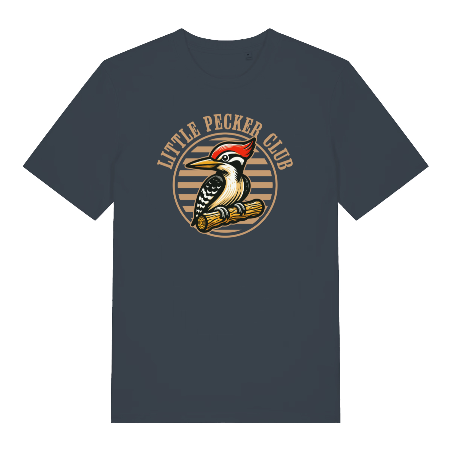 ink grey funny offensive t-shirt with the graphic of a woodpecker sat on a branch and the slogan 'little pecker club'