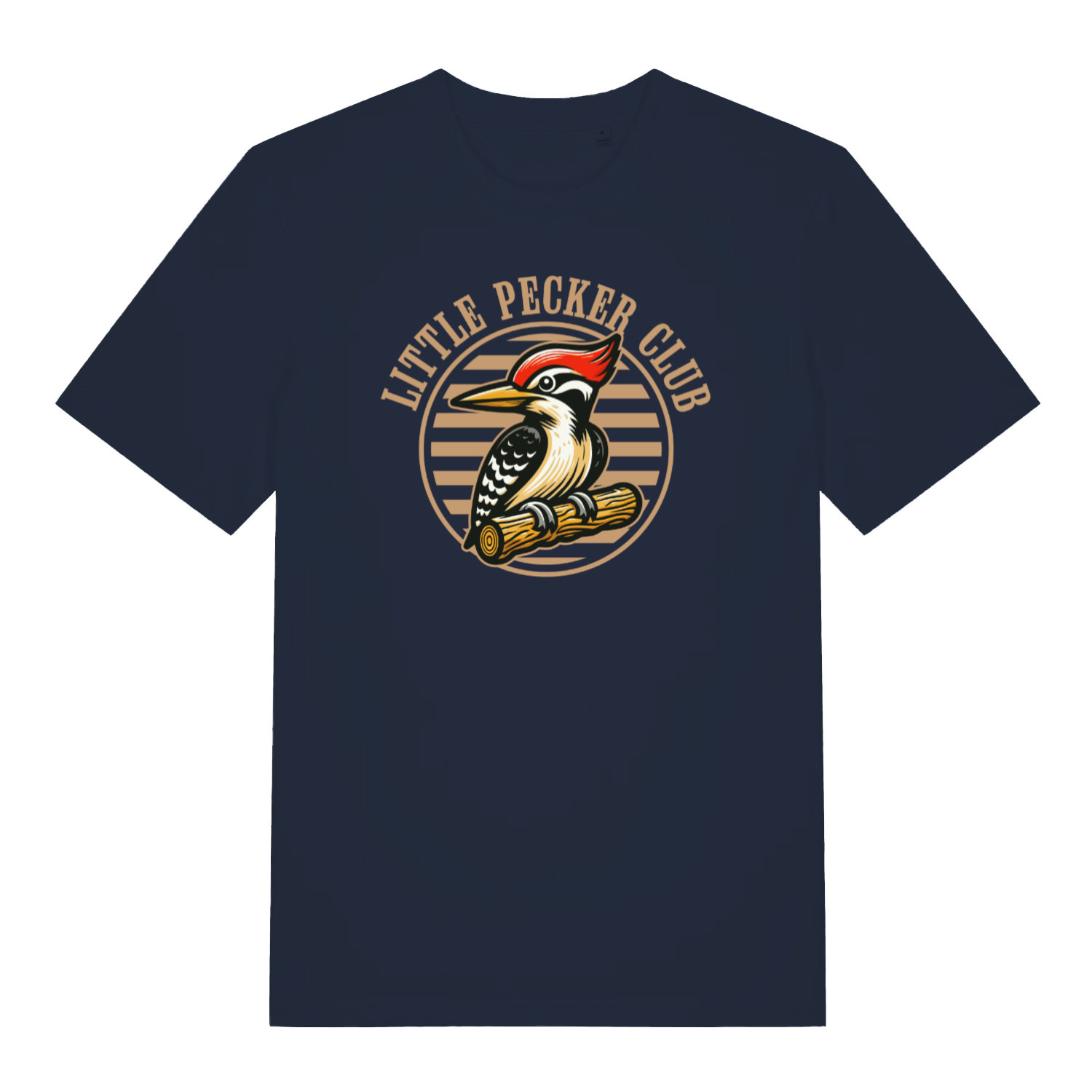 navy funny offensive t-shirt with the graphic of a woodpecker sat on a branch and the slogan 'little pecker club'