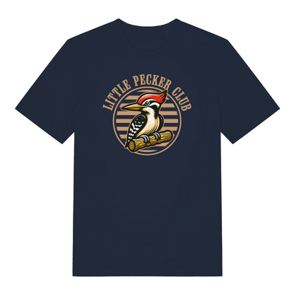 navy funny offensive t-shirt with the graphic of a woodpecker sat on a branch and the slogan 'little pecker club'