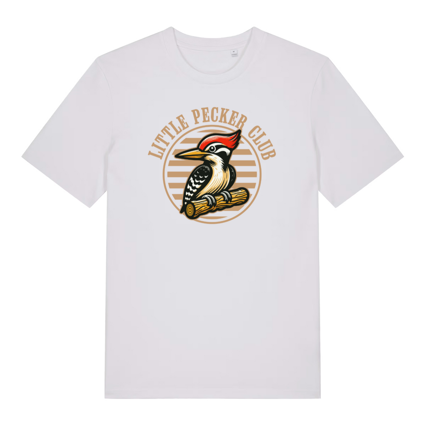 white funny offensive t-shirt with the graphic of a woodpecker sat on a branch and the slogan 'little pecker club'