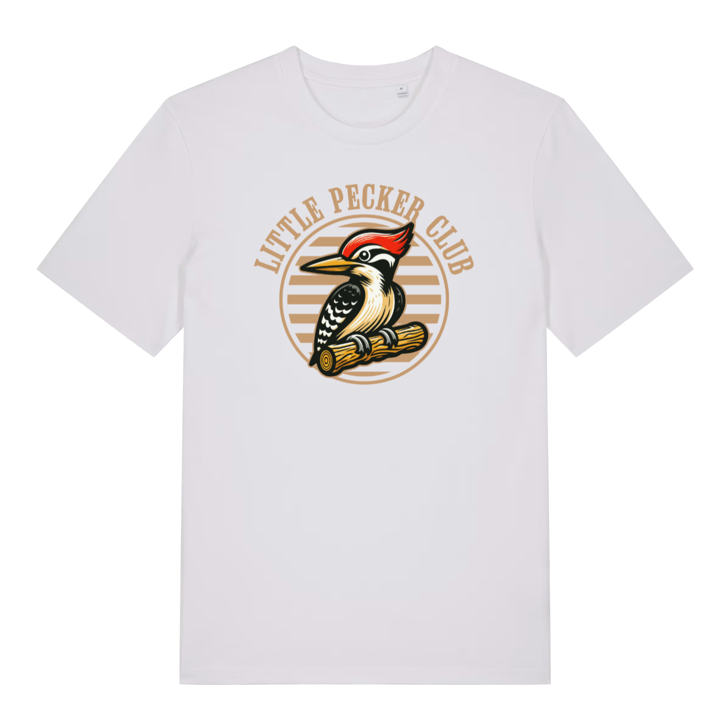 white funny offensive t-shirt with the graphic of a woodpecker sat on a branch and the slogan 'little pecker club'