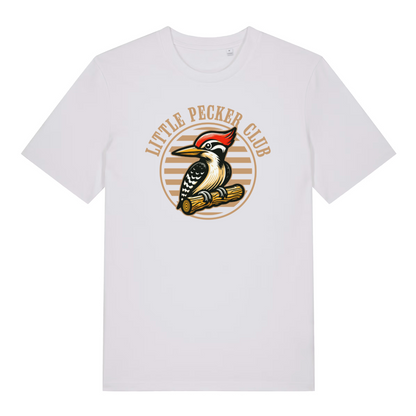 white funny offensive t-shirt with the graphic of a woodpecker sat on a branch and the slogan 'little pecker club'