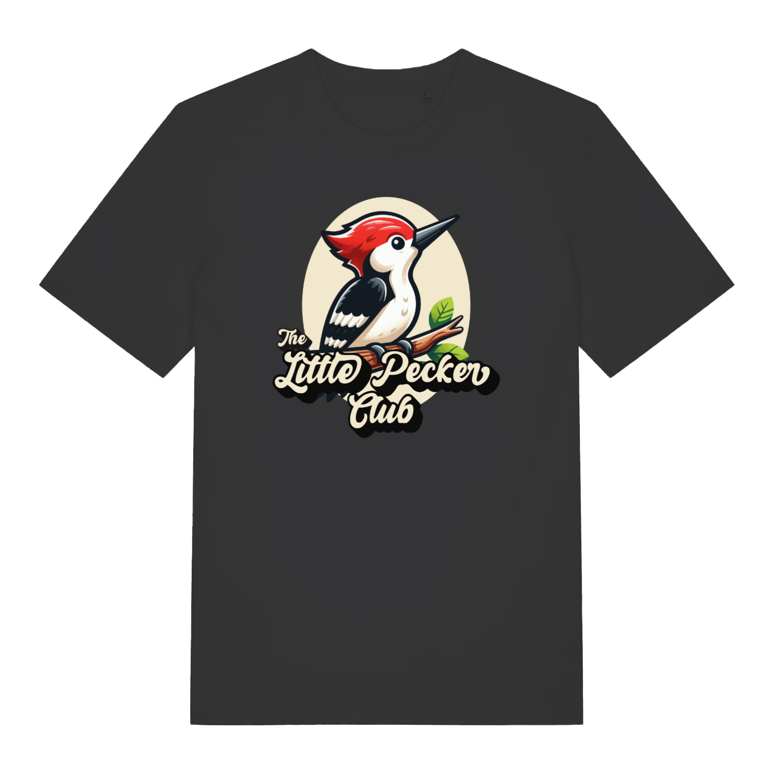 black funny animal t-shirt with a woodpecker design and the slogan 'the little pecker club'