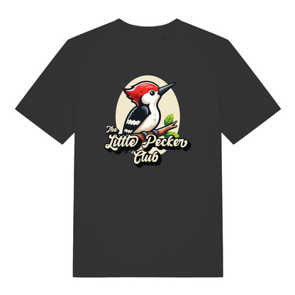 black funny animal t-shirt with a woodpecker design and the slogan 'the little pecker club'