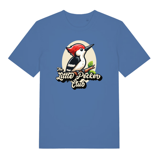 blue funny animal t-shirt with a woodpecker design and the slogan 'the little pecker club'