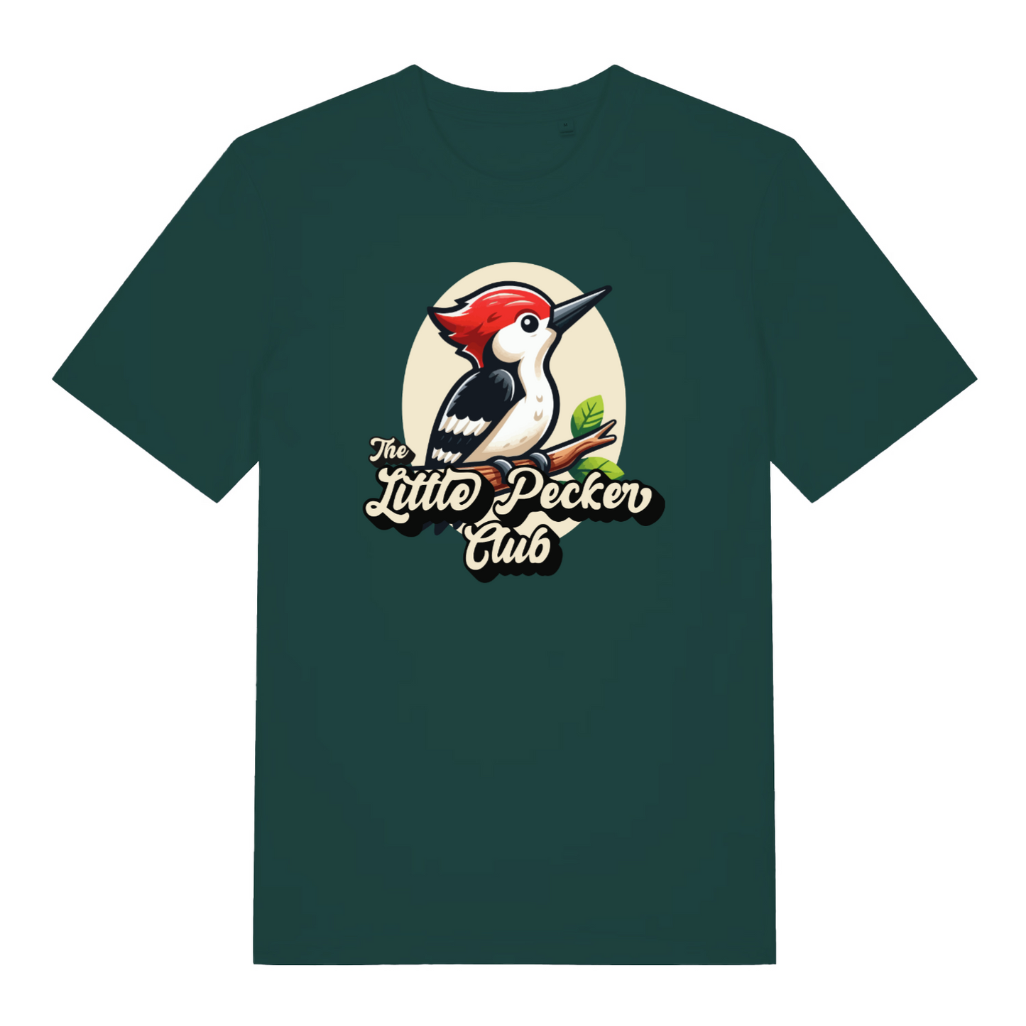 green funny animal t-shirt with a woodpecker design and the slogan 'the little pecker club'