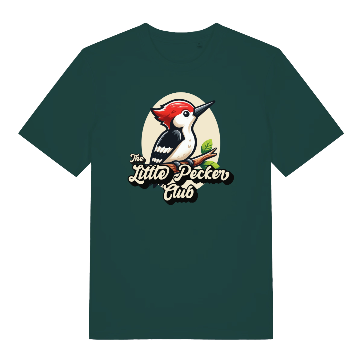 green funny animal t-shirt with a woodpecker design and the slogan 'the little pecker club'