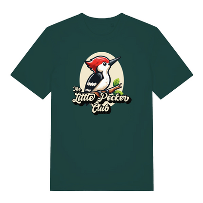 green funny animal t-shirt with a woodpecker design and the slogan 'the little pecker club'