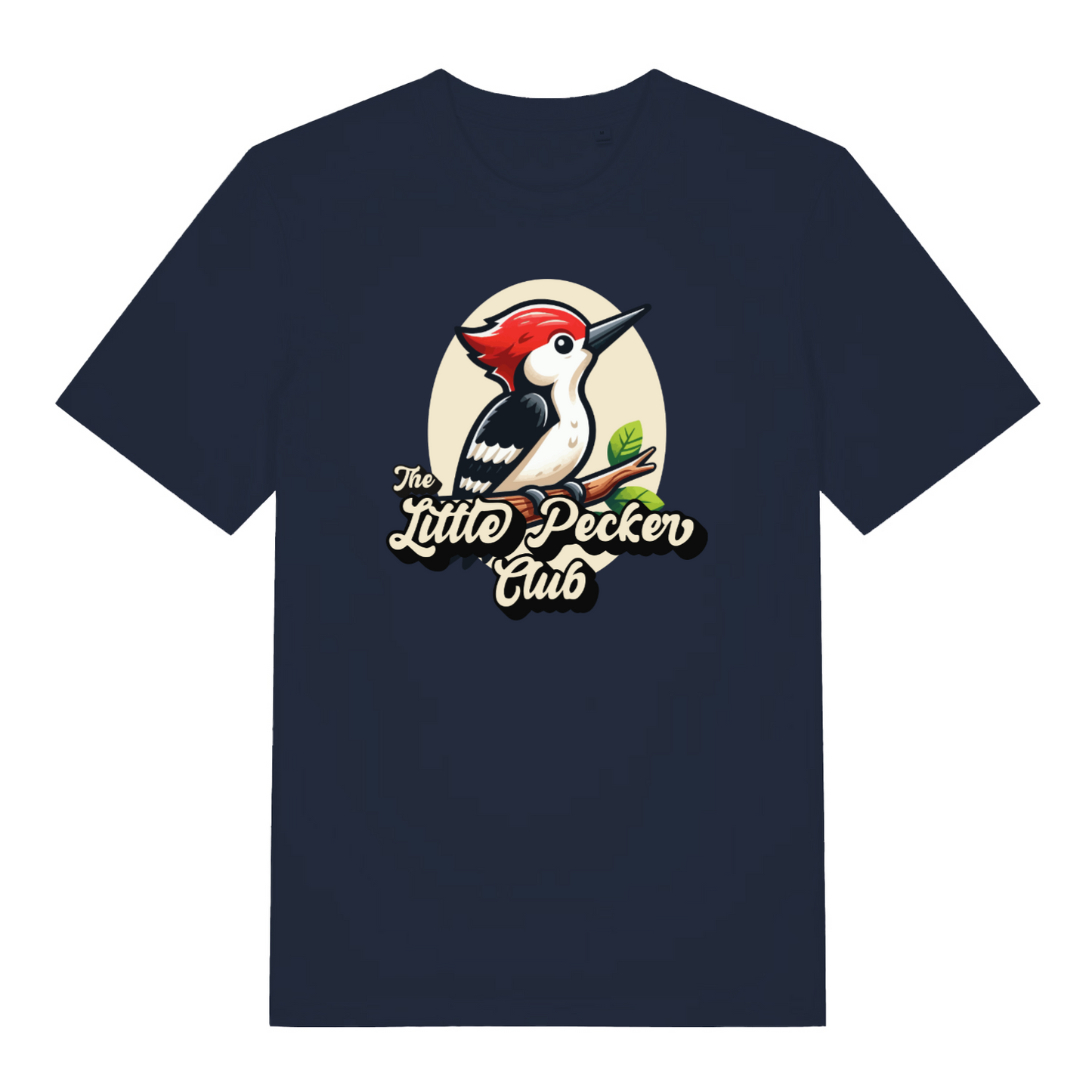 navy funny animal t-shirt with a woodpecker design and the slogan 'the little pecker club'