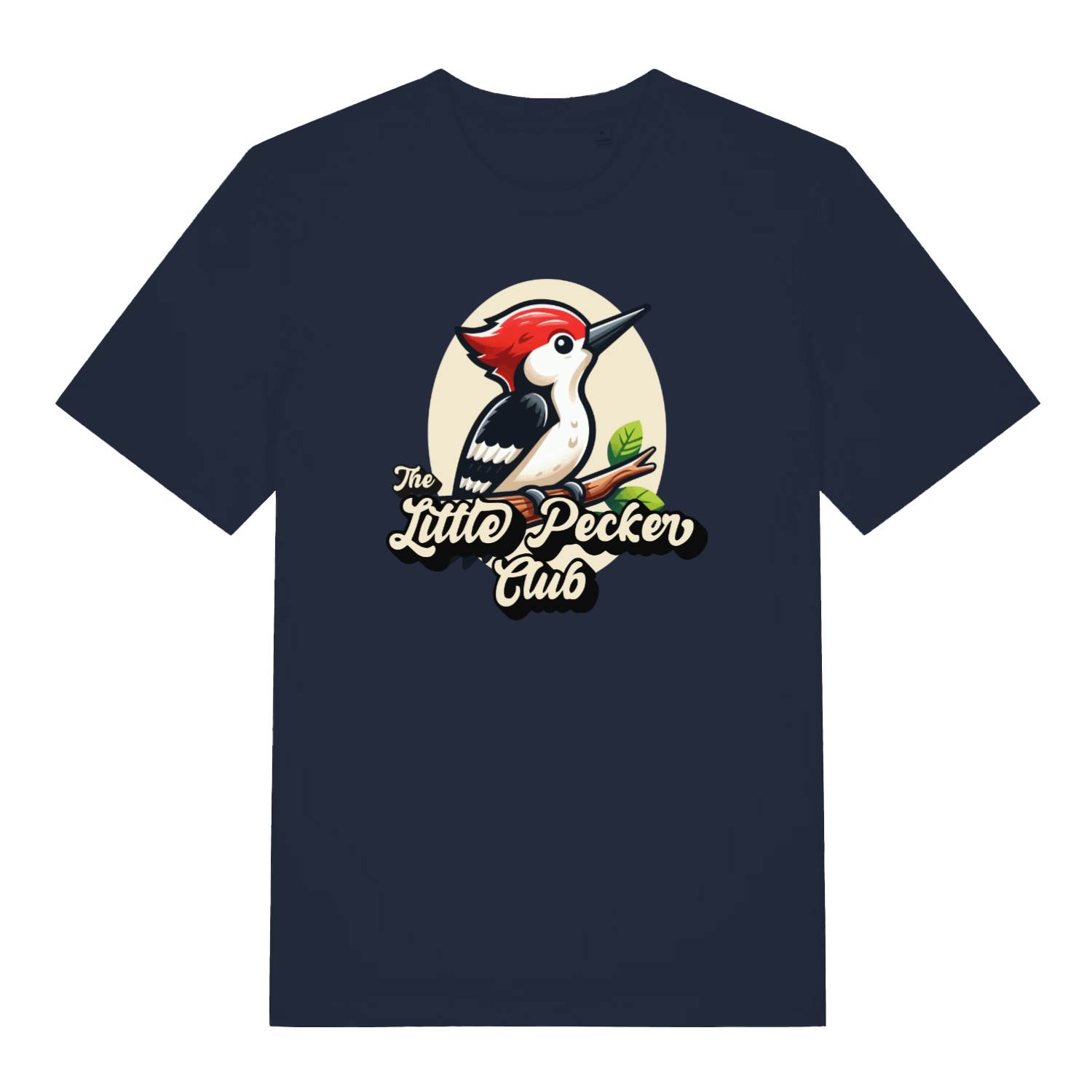navy funny animal t-shirt with a woodpecker design and the slogan 'the little pecker club'