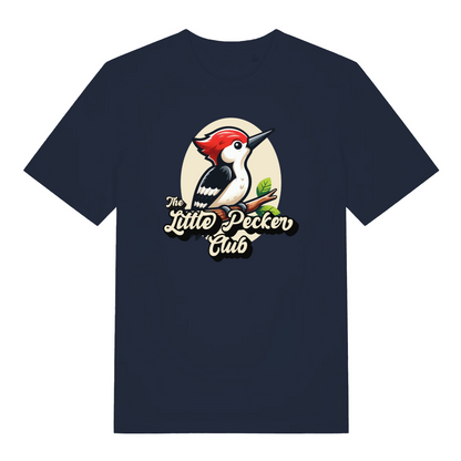 navy funny animal t-shirt with a woodpecker design and the slogan 'the little pecker club'