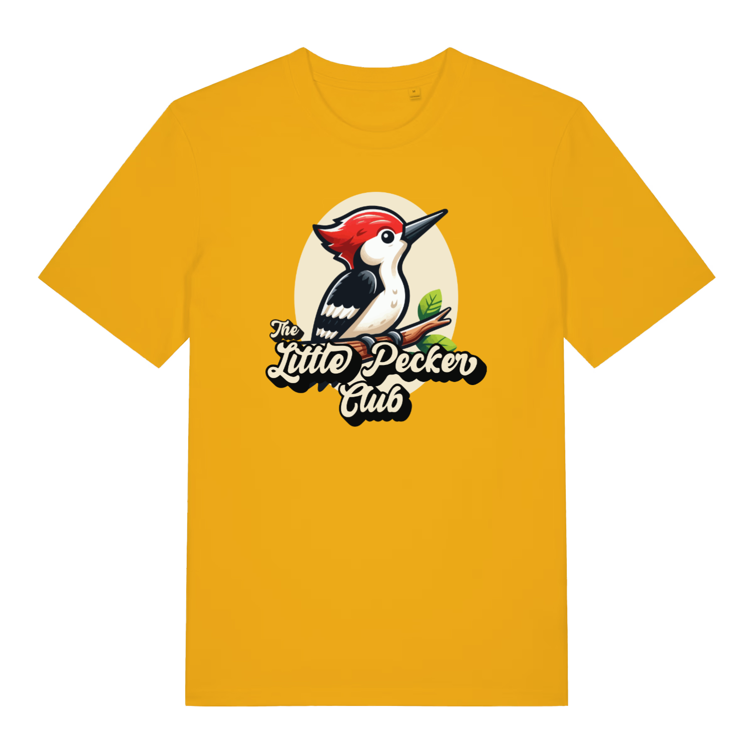 yellow funny animal t-shirt with a woodpecker design and the slogan 'the little pecker club'
