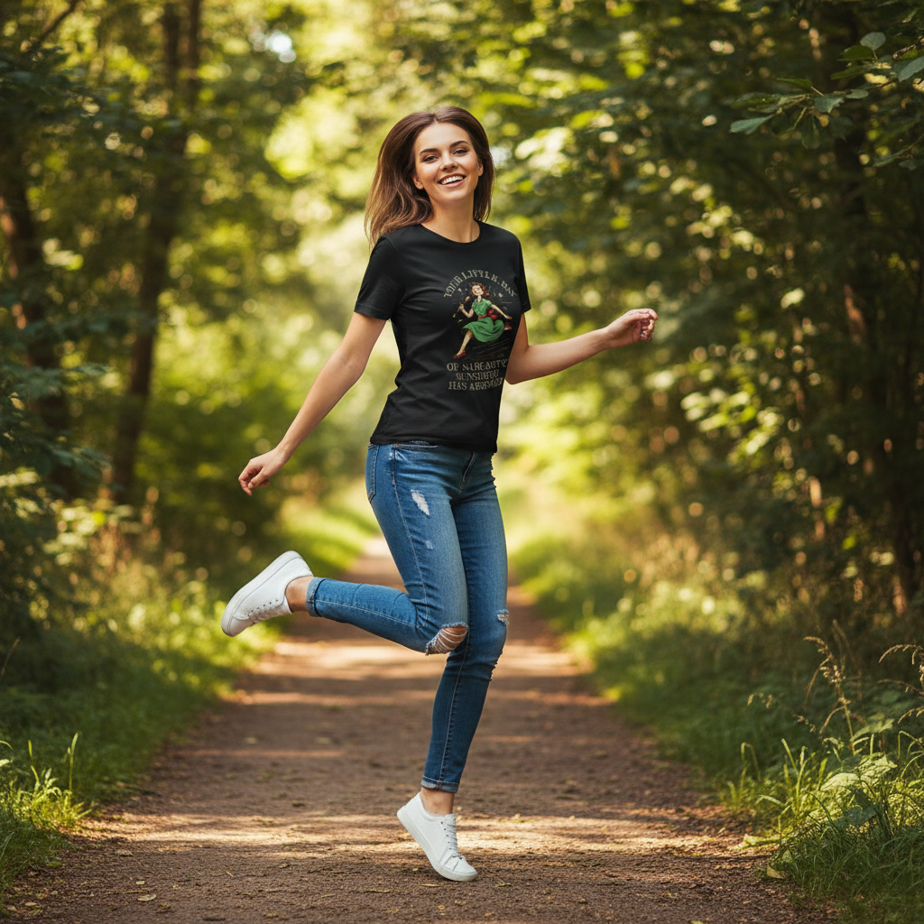 Woman in a black t-shirt and blue jeans running through a forest