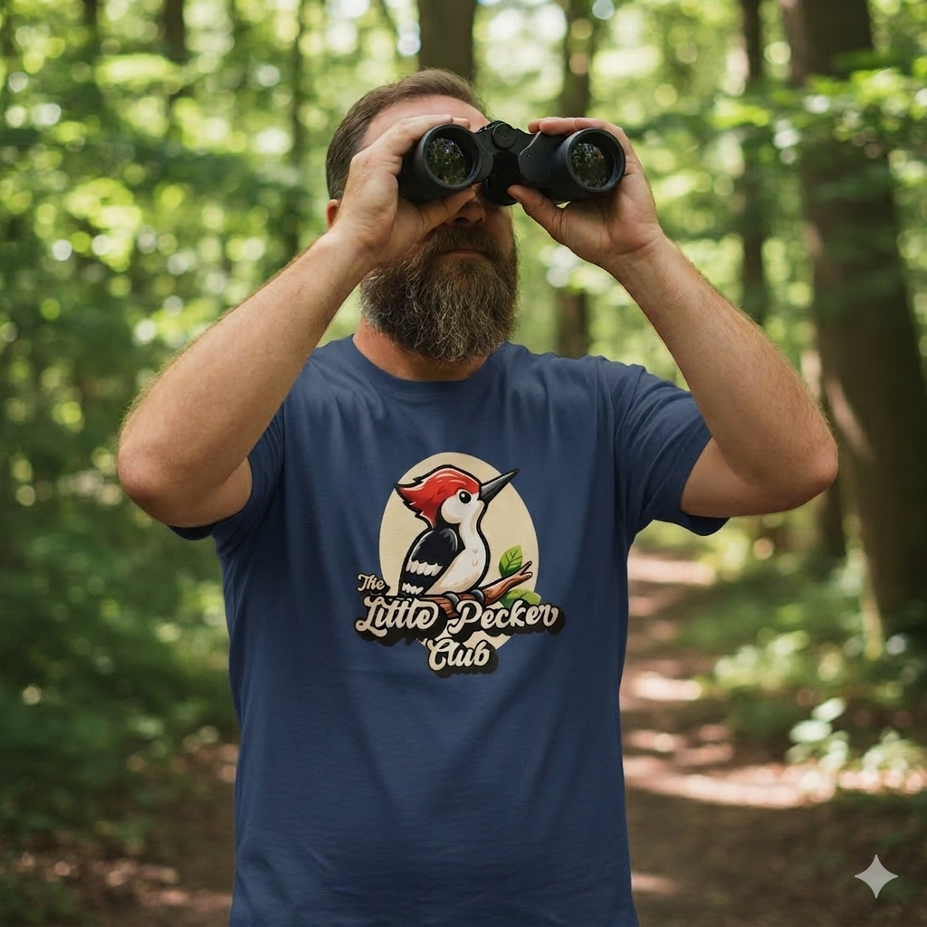 Man in a blue t-shirt with a woodpecker design looking through binoculars in a forest.