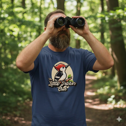 Man in a blue t-shirt with a woodpecker design looking through binoculars in a forest.