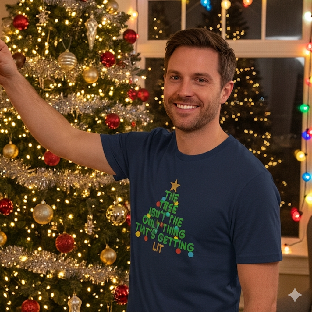 Man wearing a navy blue t-shirt with Christmas-themed text in front of a decorated Christmas tree.