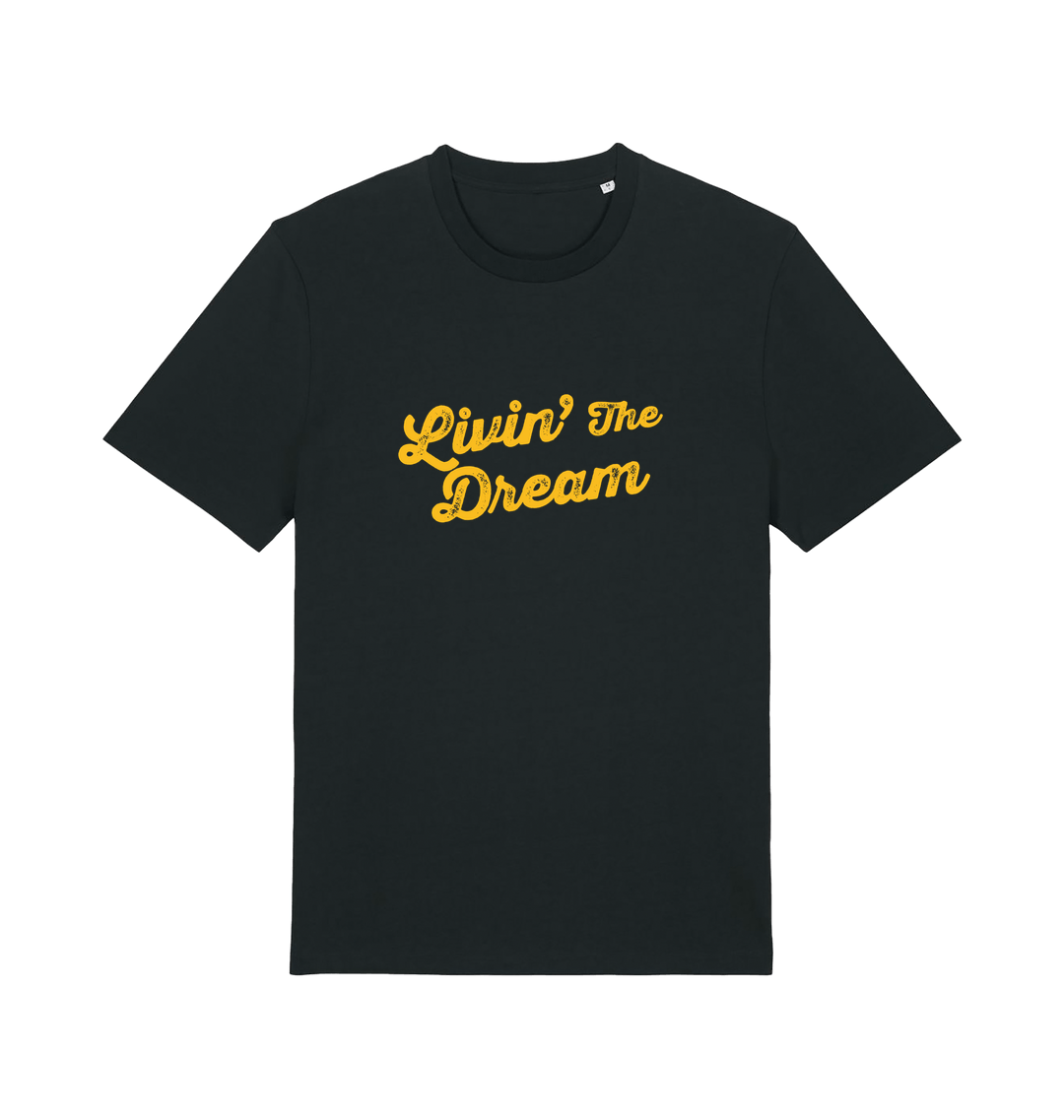 black slogan t-shirt with 'livin the dream'