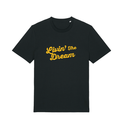 black slogan t-shirt with 'livin the dream'