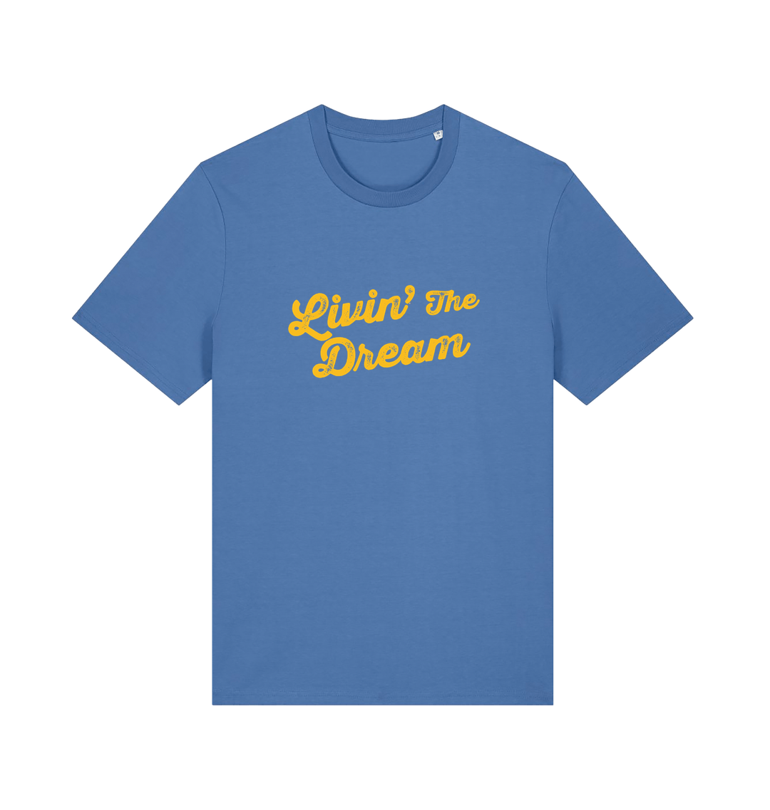 blue slogan t-shirt with 'livin the dream'
