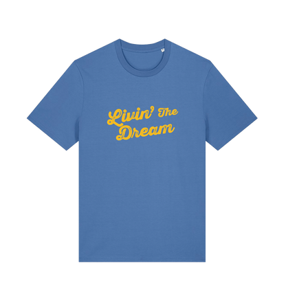 blue slogan t-shirt with 'livin the dream'