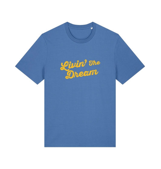 blue slogan t-shirt with 'livin the dream'