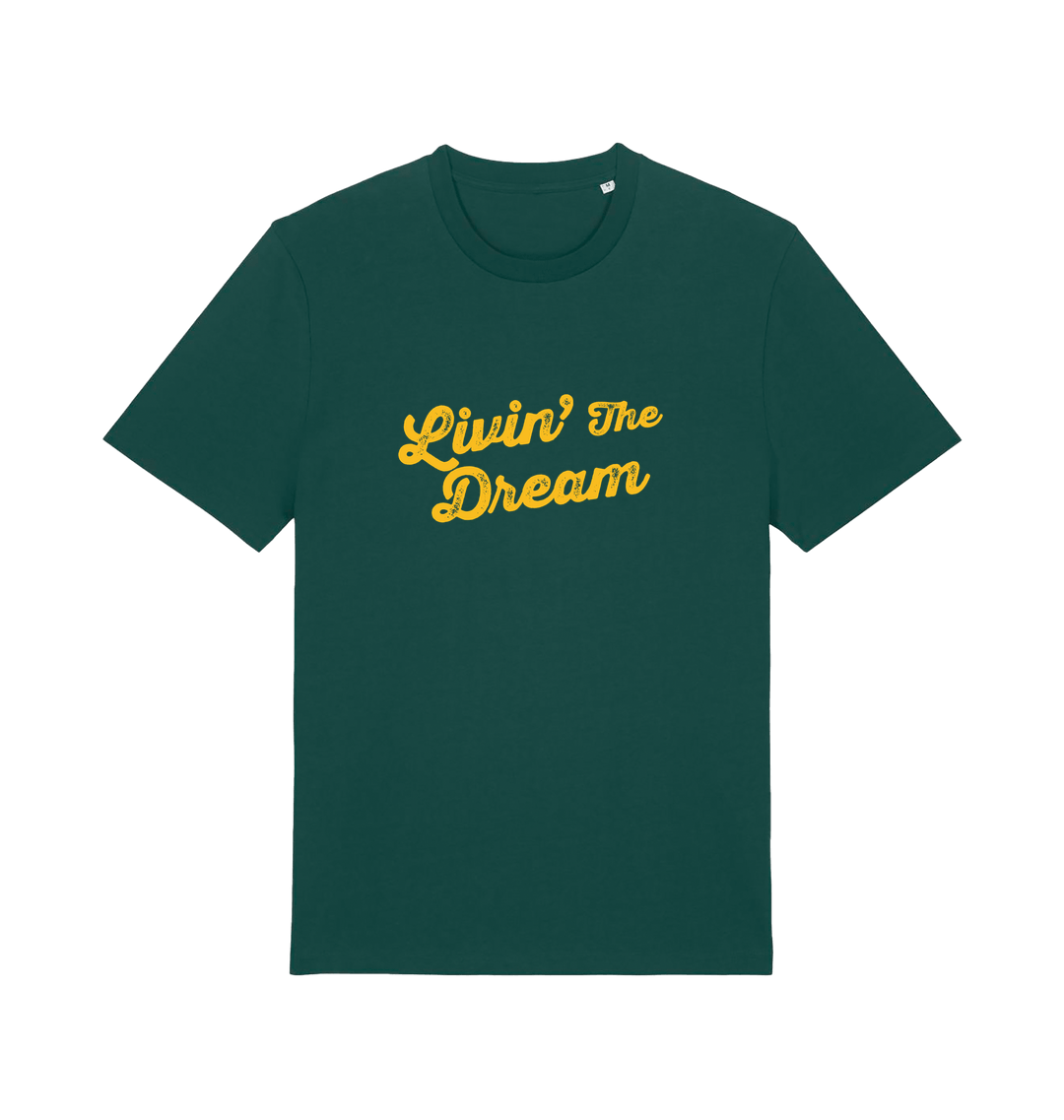 green slogan t-shirt with 'livin the dream'
