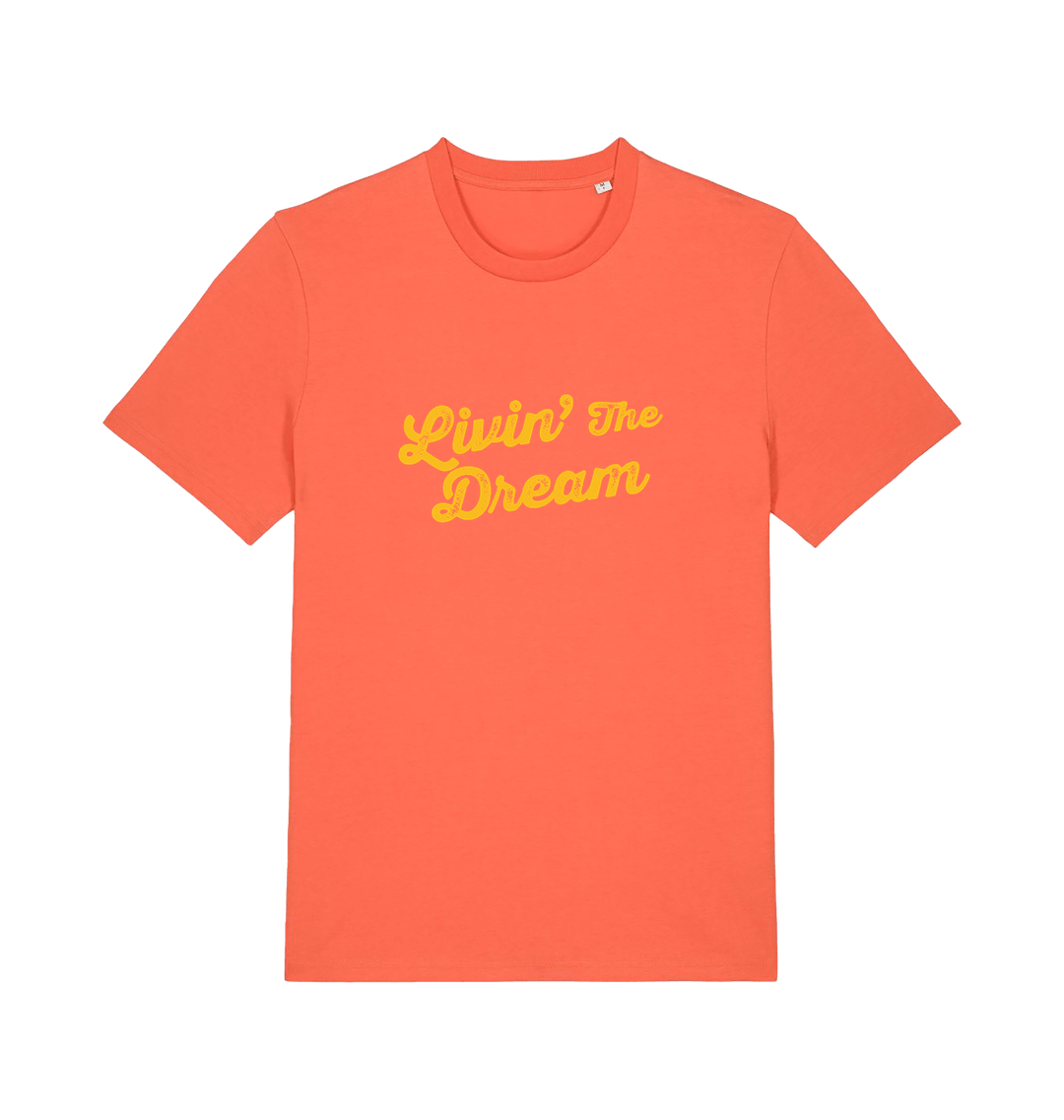 orange slogan t-shirt with 'livin the dream'