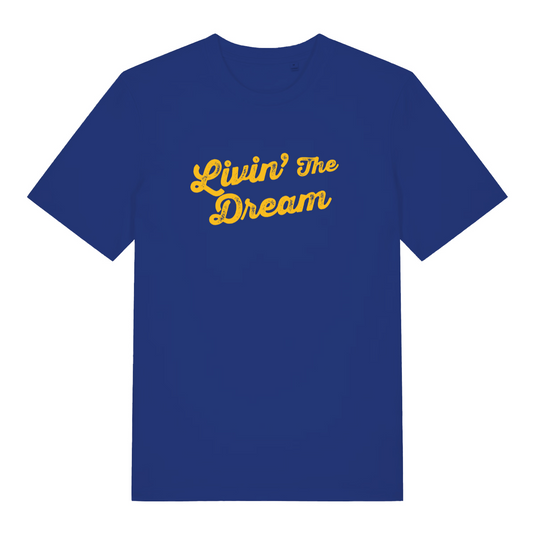 blue slogan t-shirt with the slogan 'livin the dream'