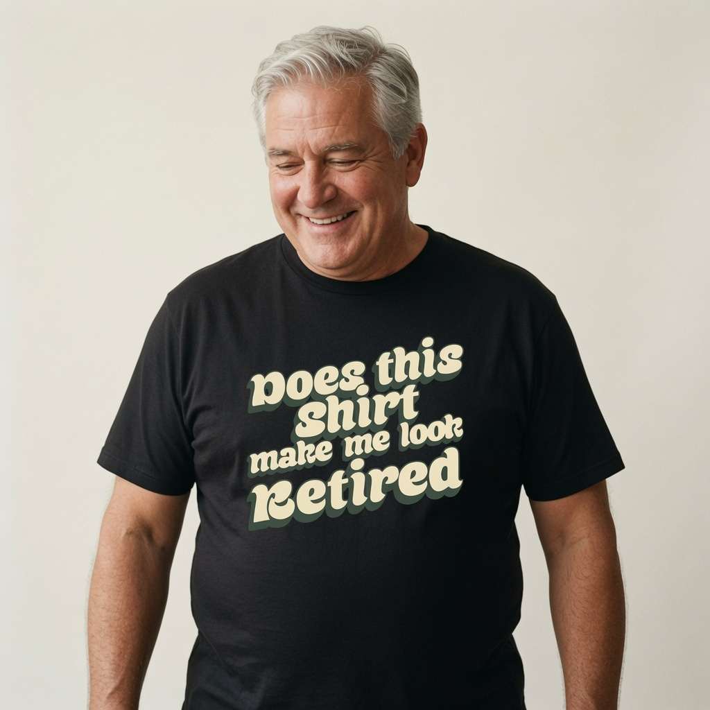 Grey-haired man smiling looking down in black Does This Shirt Make Me Look Retired tee, cheeky fun retirement slogan