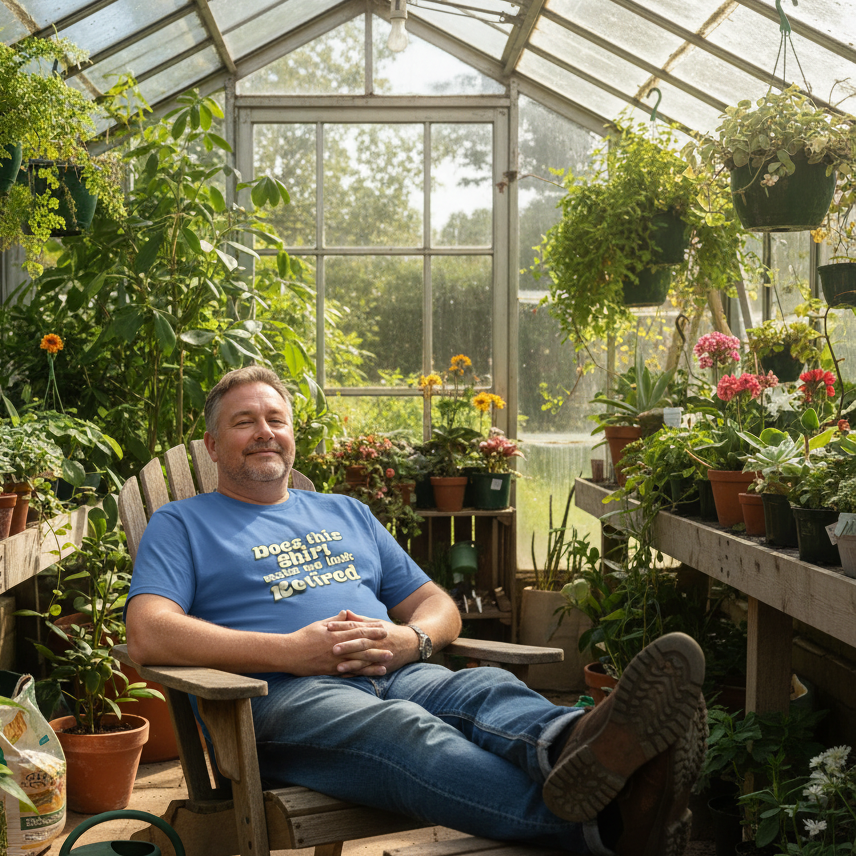 Man sitting in a greenhouse surrounded by plants wearing a blue shirt with text.