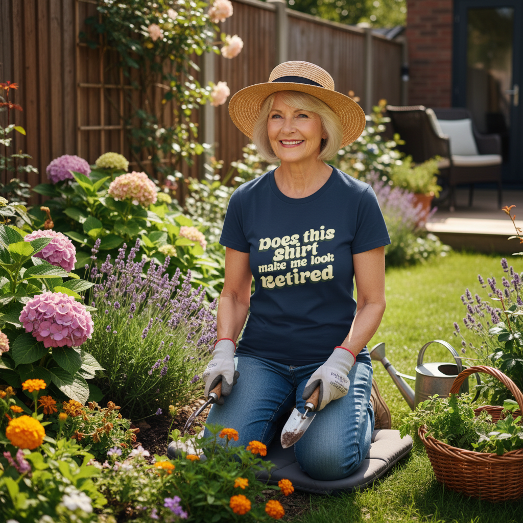 Woman gardening in a colorful garden wearing a shirt with humorous text.