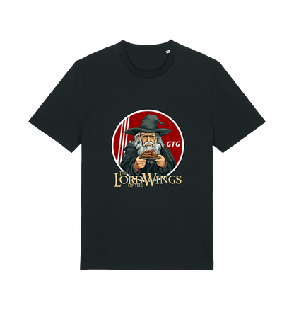 Black funny t-shirt with a graphic design of a character holding a plate of fried chicken and the slogan 'lord of the wings'