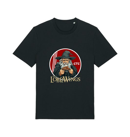 Black funny t-shirt with a graphic design of a character holding a plate of fried chicken and the slogan 'lord of the wings'