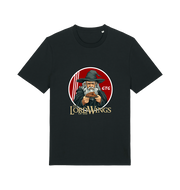 Black funny t-shirt with a graphic design of a character holding a plate of fried chicken and the slogan 'lord of the wings'