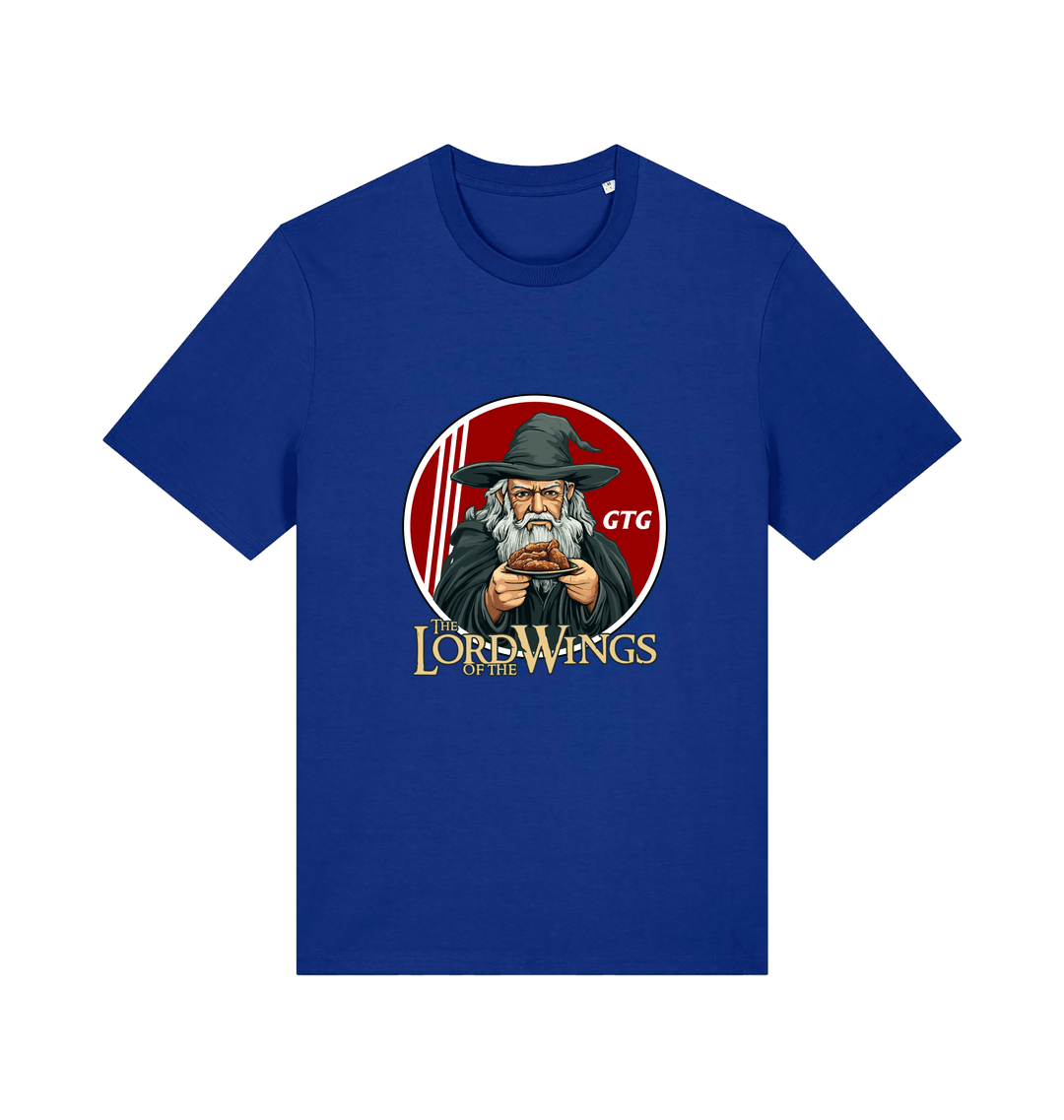 blue funny t-shirt with a graphic design of a character holding a plate of fried chicken and the slogan 'lord of the wings'