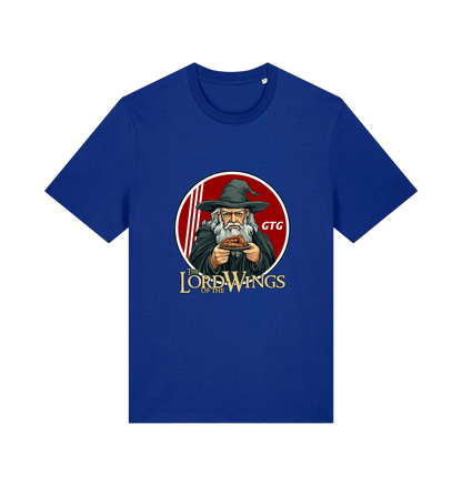 blue funny t-shirt with a graphic design of a character holding a plate of fried chicken and the slogan 'lord of the wings'