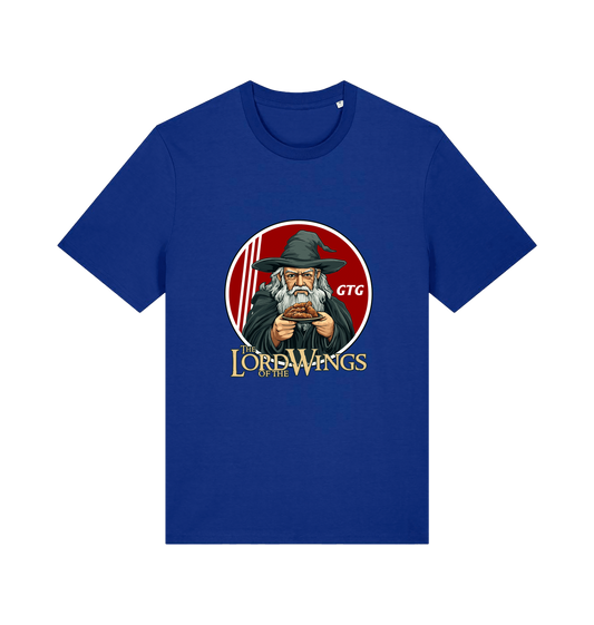 blue funny t-shirt with a graphic design of a character holding a plate of fried chicken and the slogan 'lord of the wings'