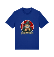 blue funny t-shirt with a graphic design of a character holding a plate of fried chicken and the slogan 'lord of the wings'