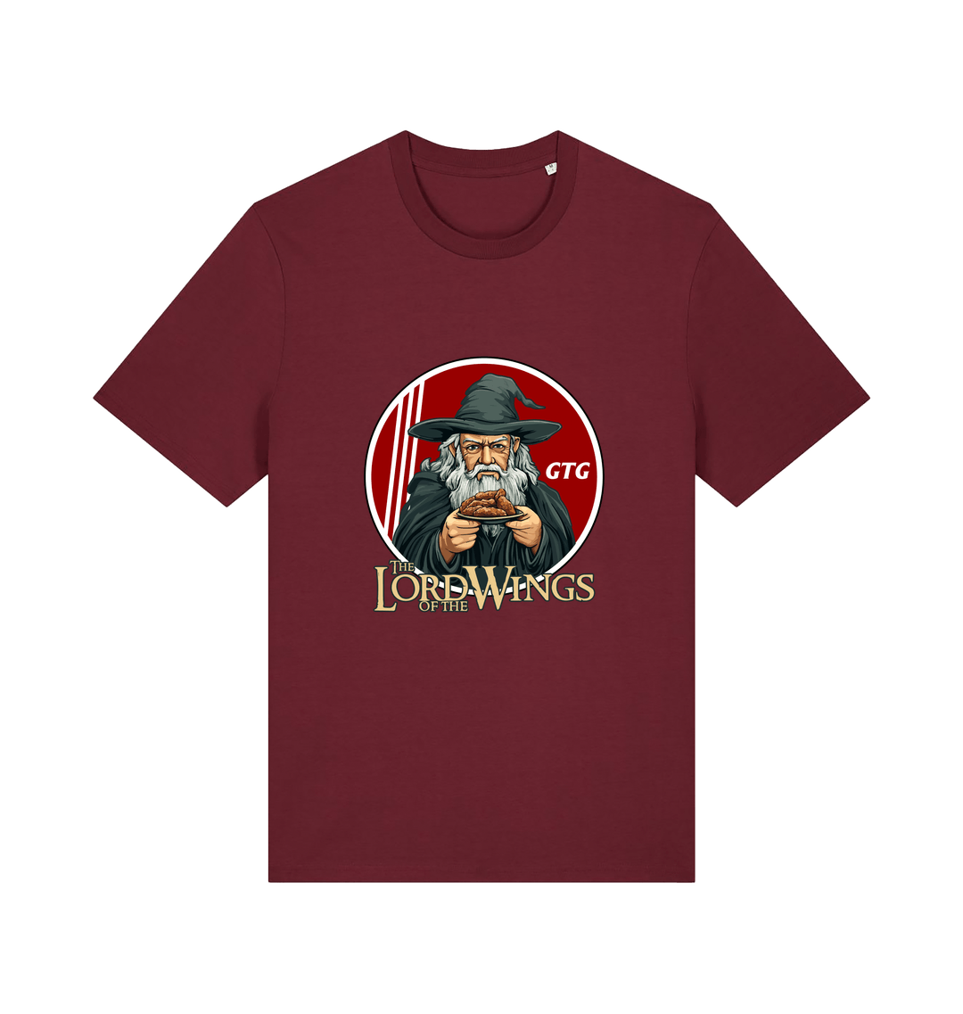 burgundy funny t-shirt with a graphic design of a character holding a plate of fried chicken and the slogan 'lord of the wings'