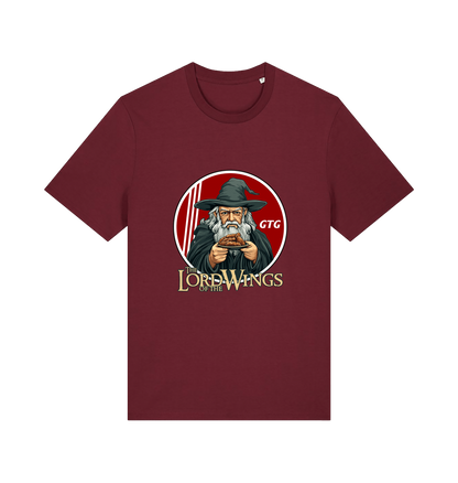 burgundy funny t-shirt with a graphic design of a character holding a plate of fried chicken and the slogan 'lord of the wings'