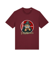 burgundy funny t-shirt with a graphic design of a character holding a plate of fried chicken and the slogan 'lord of the wings'
