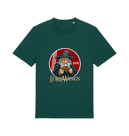 green funny t-shirt with a graphic design of a character holding a plate of fried chicken and the slogan 'lord of the wings'